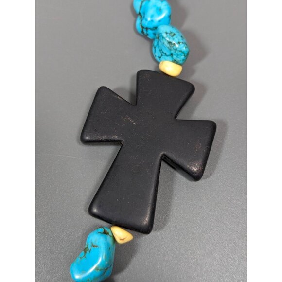 Beachy Coastal Blue Stone Faux Turquoise Black Cross Necklace Bold 20 in - Picture 8 of 12